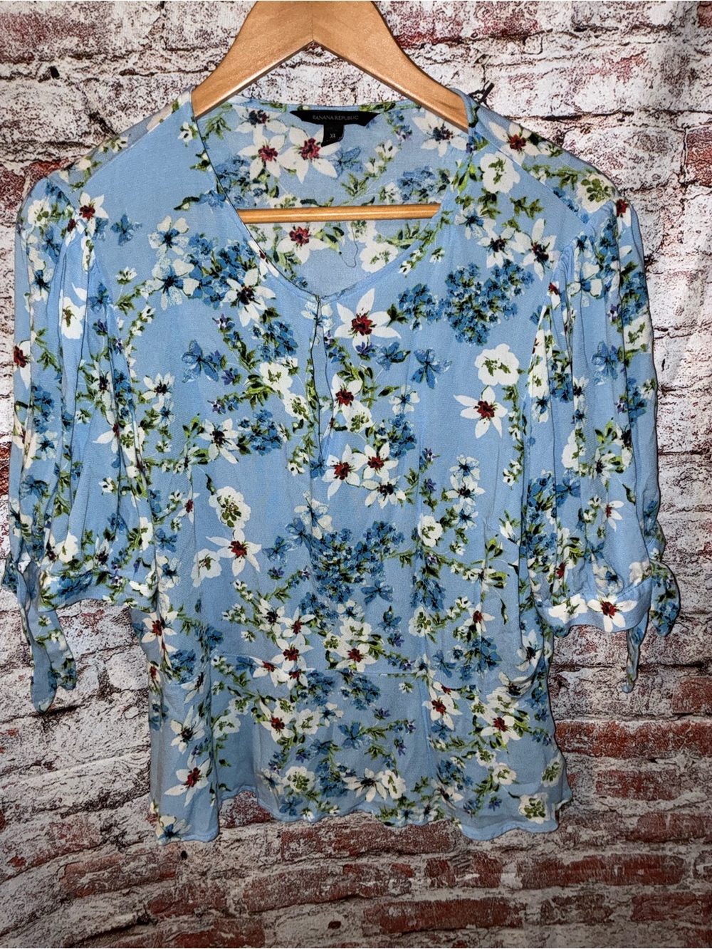 Banana Republic Light Blue Floral Tie-Sleeve Blouse